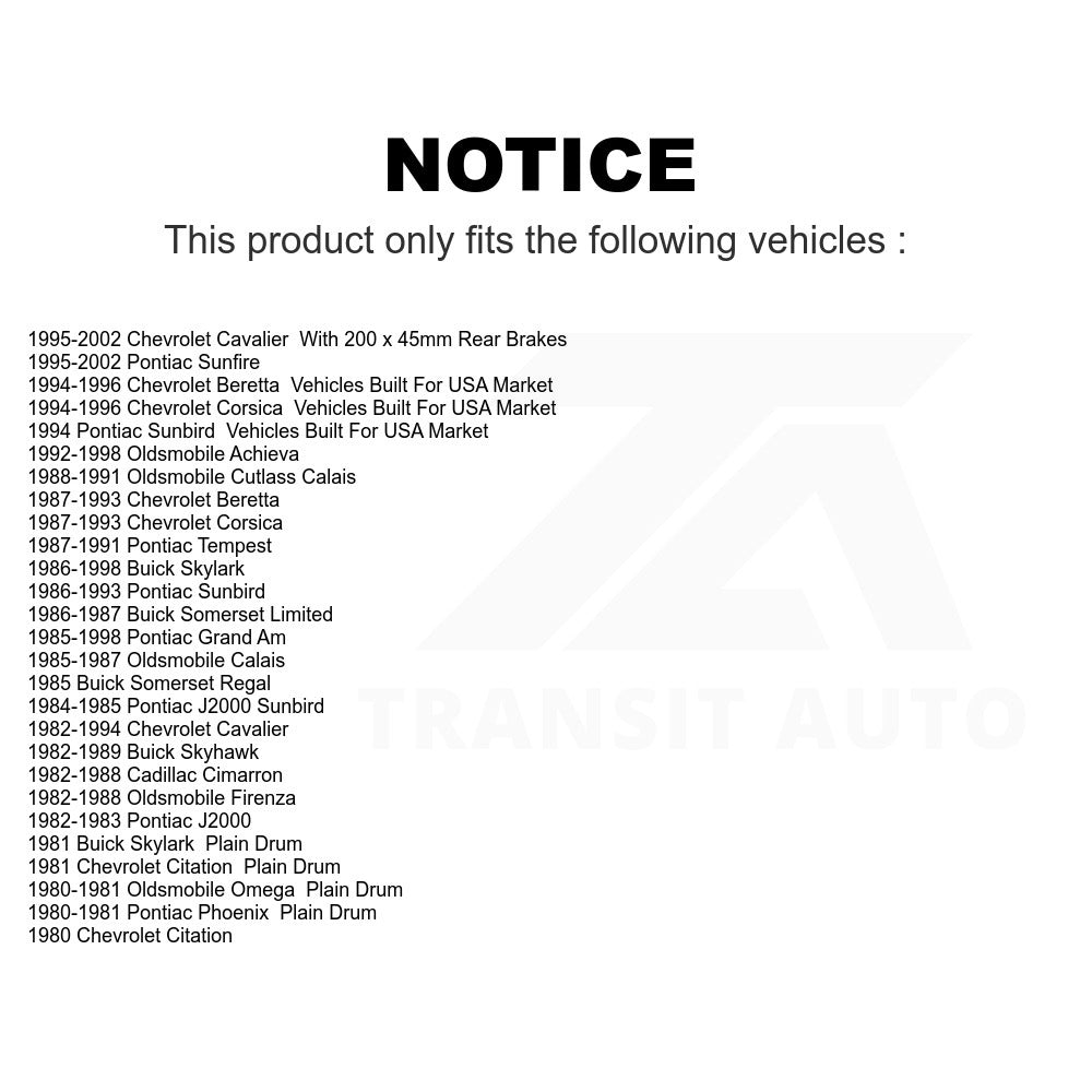 Rear Brake Drum 8-2093 For Chevrolet Cavalier Pontiac Sunfire Grand Am Corsica Buick Skylark Oldsmobile Beretta Sunbird Achieva Cutlass Calais Skyhawk Citation J2000 Firenza Cadillac Cimarron Somerset