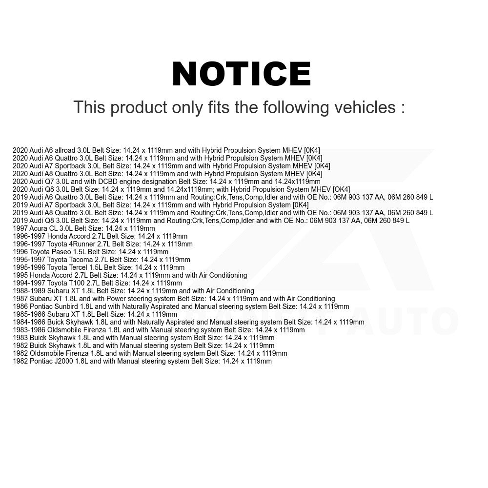 Accessory Drive Belt BAN-4PK1120 For Toyota Honda Accord Tacoma 4Runner T100 Audi Tercel Q8 A6 Quattro Acura CL A8 Buick Skyhawk Pontiac Oldsmobile Firenza Sunbird Paseo Subaru XT J2000 Q7 allroad A7