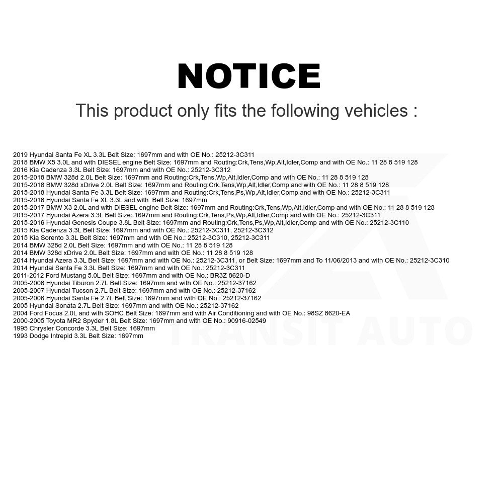 Accessory Drive Belt BAN-6PK1695 For Hyundai Santa Fe BMW Ford X3 Mustang Tucson Kia Sorento Focus X5 Sonata Tiburon Azera Toyota MR2 Spyder 328d xDrive Genesis Coupe Cadenza XL Chrysler Concorde