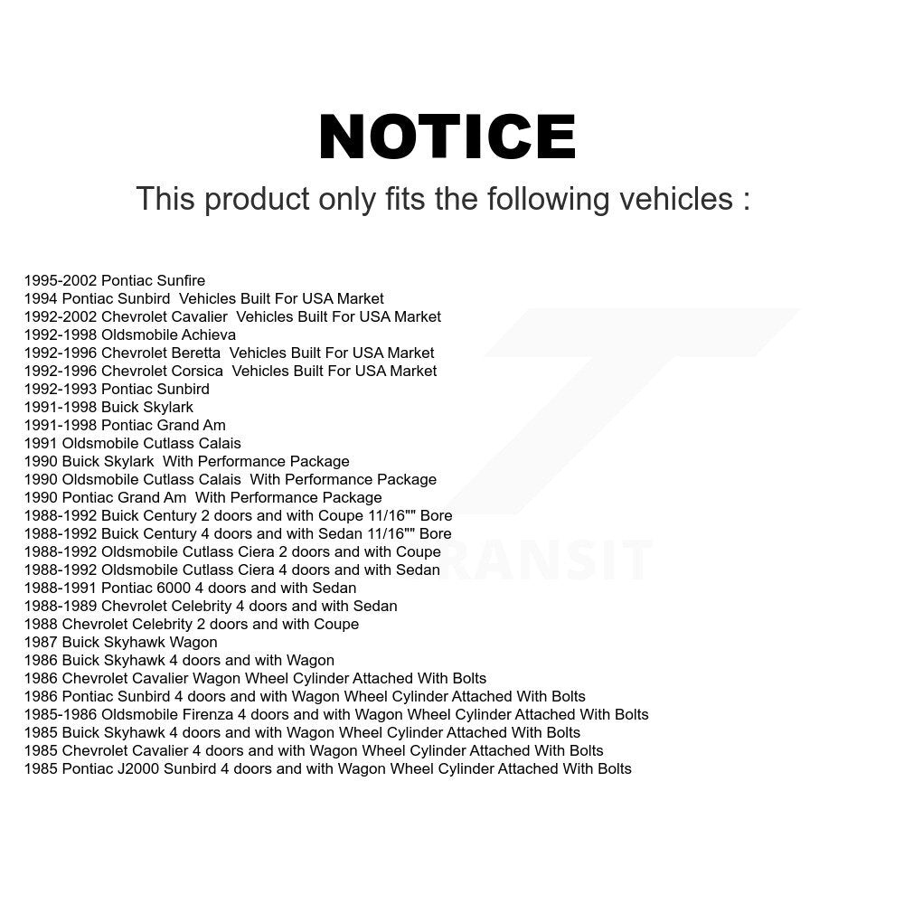 Rear Drum Brake Wheel Cylinder Pair For Chevrolet Cavalier Pontiac Sunfire Buick Grand Am Oldsmobile Cutlass Ciera Century Skylark Corsica Celebrity Achieva Beretta Sunbird 6000 Calais Skyhawk J2000 Firenza K14-100061