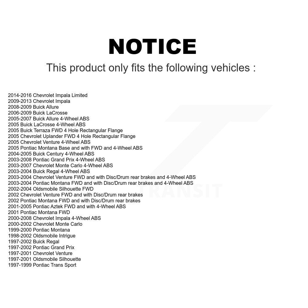 Front Rear Wheel Bearing & Hub Assembly Kit For Chevrolet Impala Pontiac Grand Prix Buick LaCrosse Monte Carlo Venture Limited Regal Oldsmobile Montana Century Intrigue Silhouette Aztek Uplander Terraza Trans Sport Allure K70-101173