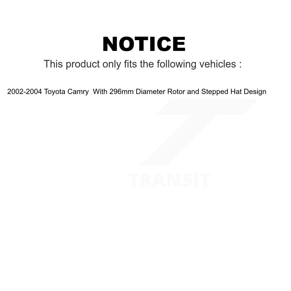 Transit Auto - Front Coated Disc Brake Rotors And Ceramic Pads Kit For 2002-2004 Toyota Camry With 296mm Diameter Rotor Stepped Hat Design KGC-100216