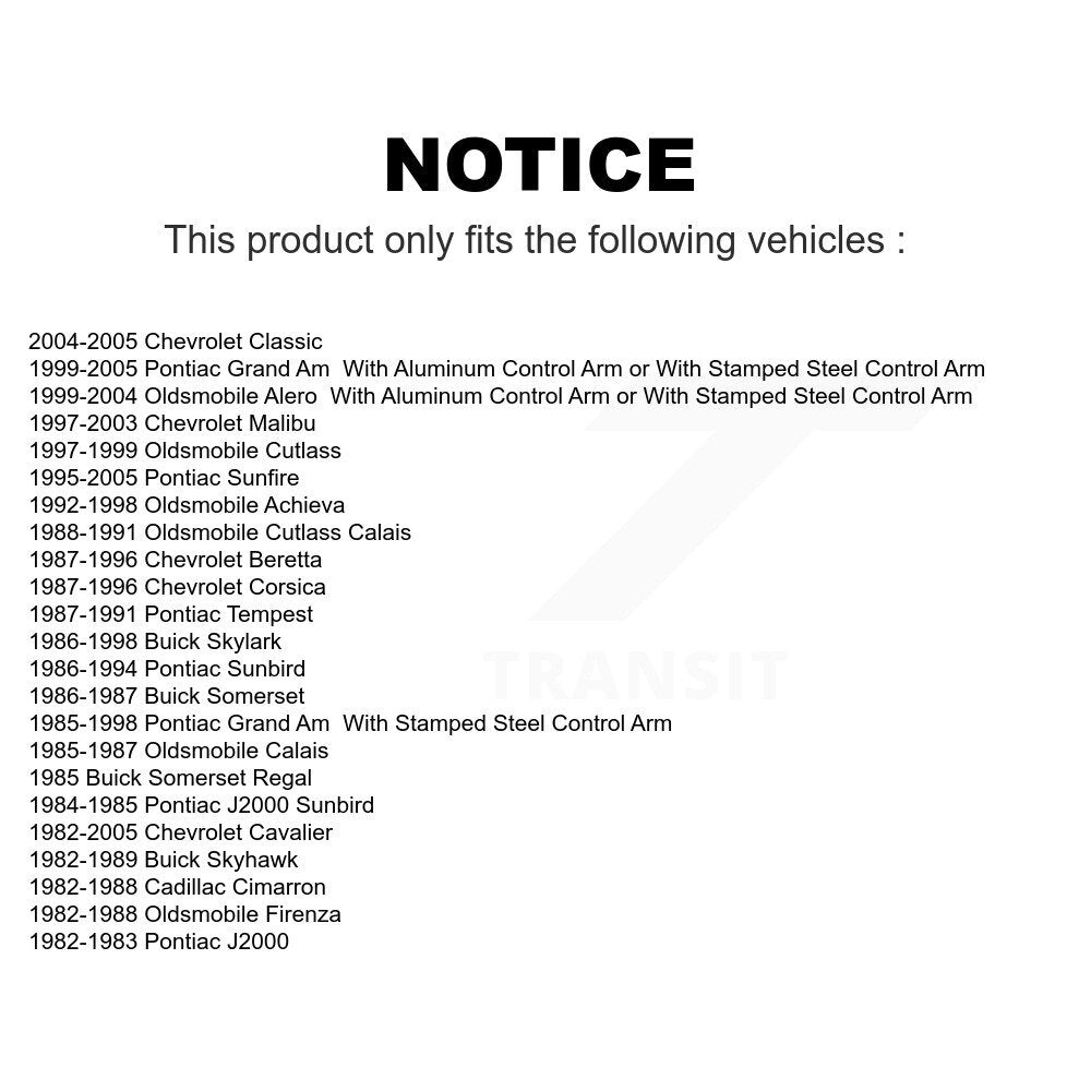 Front Suspension Ball Joints Pair For Chevrolet Cavalier Pontiac Grand Am Malibu Oldsmobile Alero Sunfire Classic Corsica Buick Skylark Cutlass Beretta Sunbird Achieva Calais Skyhawk J2000 Firenza Cadillac Cimarron Somerset Regal Tempest KTR-101184