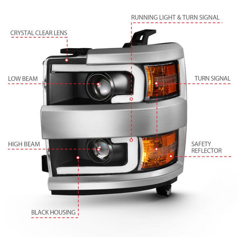 ANZO 2015-2016 Chevrolet Silverado Projector Headlights w/ Plank Style Design Black w/ Amber | Too Fast Autoparts | Order Online | Canada & USA Shipping