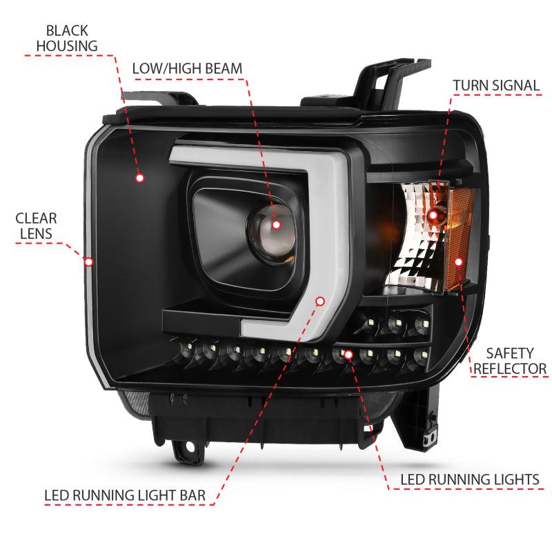 ANZO 2014-2015 Gmc Sierra 1500HD Projector Plank Style Headlight Black W/ Drl | Too Fast Autoparts | Order Online | Canada & USA Shipping