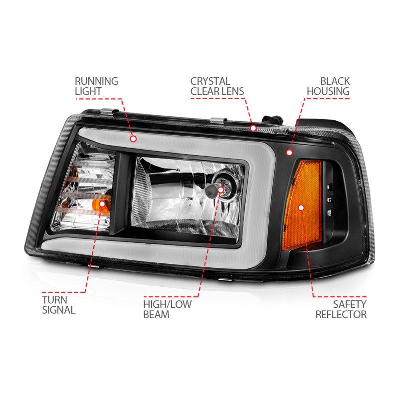ANZO 2001-2011 Ford Ranger Crystal Headlights w/ Light Bar Black Housing | Too Fast Autoparts | Order Online | Canada & USA Shipping