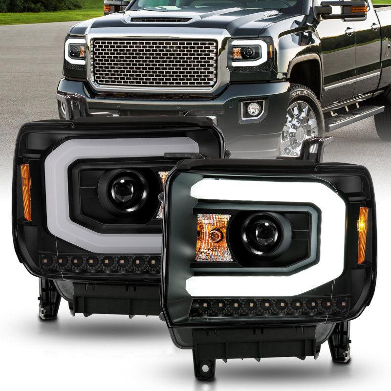 ANZO 2014-2015 GMC Sierra 1500 Projector Headlights w/ Light Bar Black Housing (Halogen Type) | Too Fast Autoparts | Order Online | Canada & USA Shipping