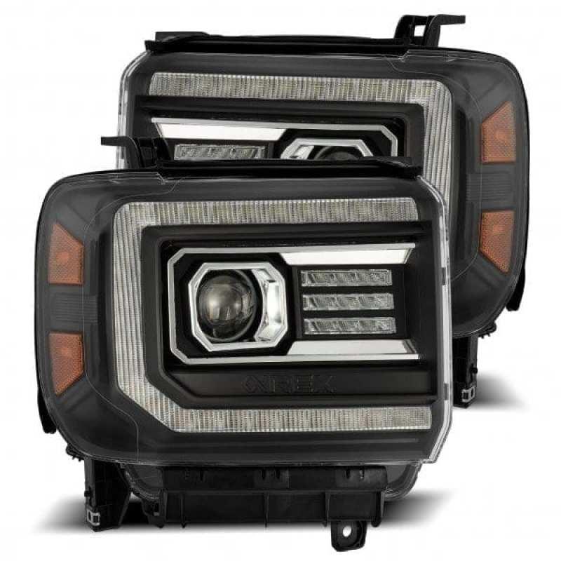 AlphaRex 14-18 GMC Sierra LUXX LED Proj Headlights Plank Style Black w/Activ Light/Seq Signal/DRL | Too Fast Autoparts | Order Online