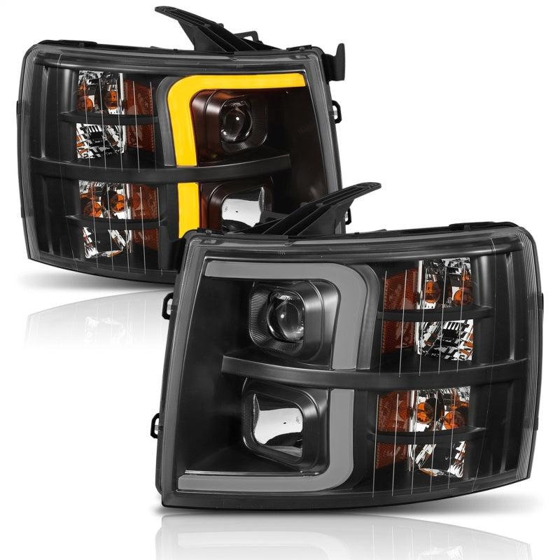 ANZO 07-13 Chevrolet Silverado 1500 Plank Style Projector Headlights Black w/ Amber | Too Fast Autoparts | Order Online