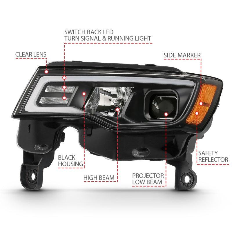 ANZO 2017-2018 Jeep Grand Cherokee Projector Headlights w/ Plank Style Switchback - Black w/ Amber | Too Fast Autoparts | Order Online | Canada & USA Shipping