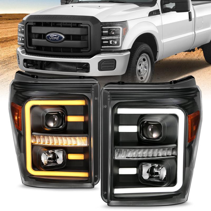 ANZO 2011-2016 Ford F250 Projector Headlights w/ Plank Style Switchback Black w/ Amber | Too Fast Autoparts | Order Online | Canada & USA Shipping
